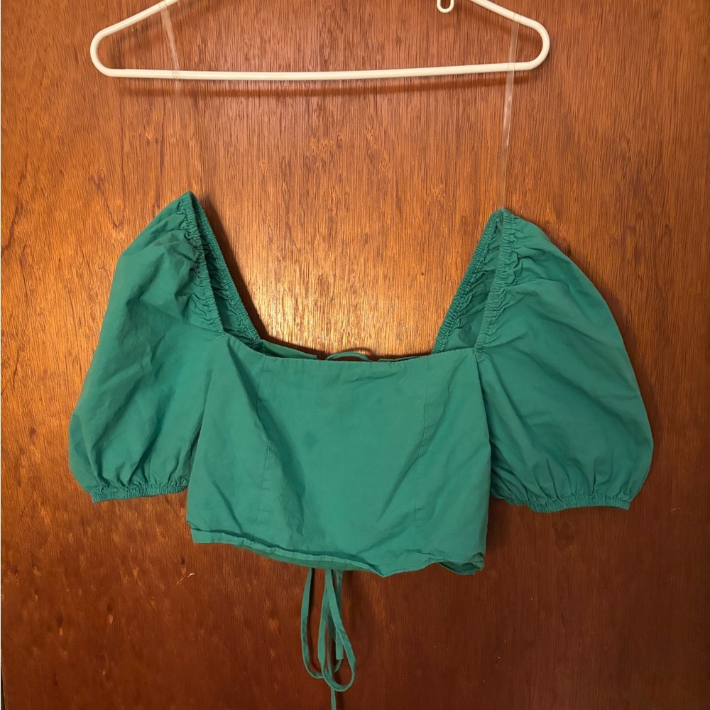 Altar’d State Kelly Green Crop Top Puff Sleeves Lace Up Back - Size M